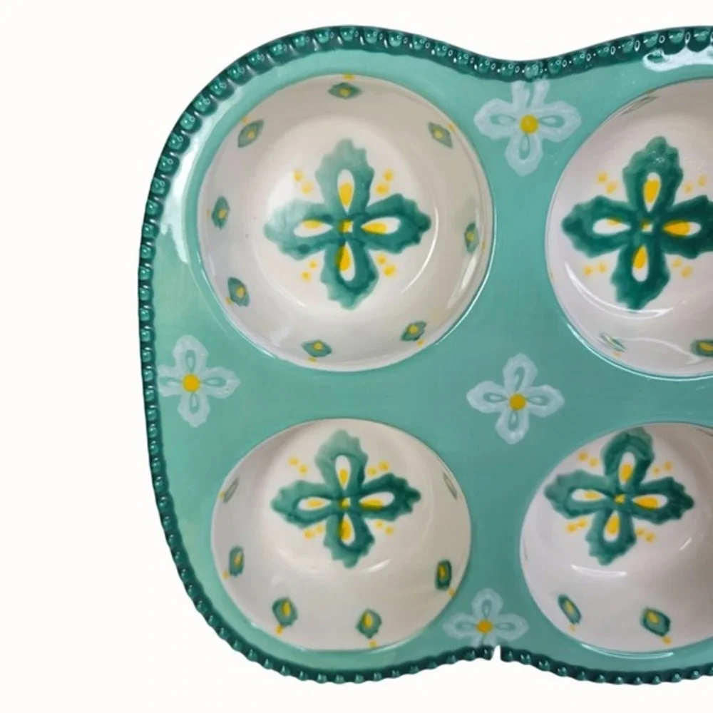 Dutch Wax Muffin Pan Green Ceramic Handpainted Kitchen‎ Baking Beaded Edge Decor
